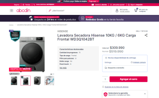 Lavadora Secadora Hisense WD3Q1042BT de 10KG / 6KG por $309.990