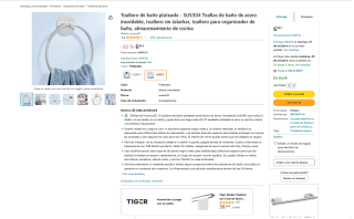 Toallero de baño plateado SUS304 por 6,99€