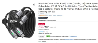 INIU USB C naar USB C Kabel, 100W [2 Stuks, 2M] USB-C Nylon Oplaadkabel voor €6,23 dmv code bij Amazon