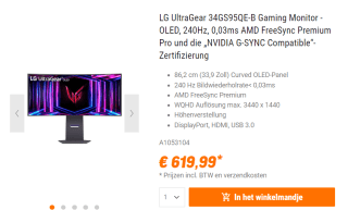 LG UltraGear 34GS95QE-B Gaming Monitor voor €619,99 bij Nbb