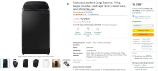 Samsung Lavadora Carga Superior 19kg por $8,990 en Amazon