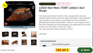 LEGO Jabba's zeilschip voor €350,95 bij Proshop