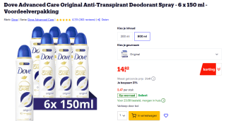 Dove Advanced Care Original Anti-Transpirant Deodorant Spray 6 x 150 ml voor €14,82 bij Bol