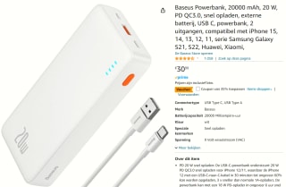 Baseus Powerbank, 20000 mAh, 20 W, PD QC3.0 voor €19,50 bij Amazon