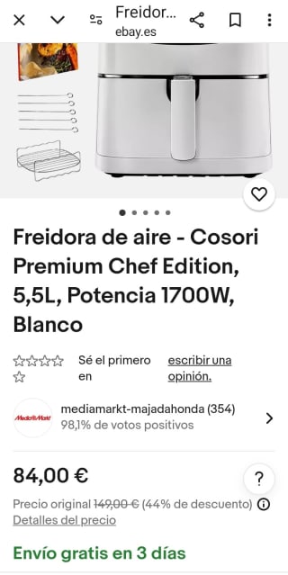 Cosori Freidora de aire 5,5L 1700W por 84€.