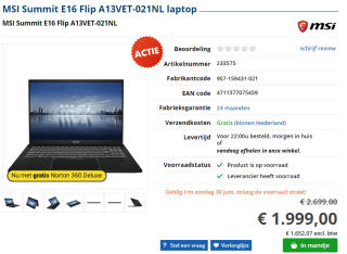 MSI Summit E16 Flip A13VET-021NL laptop voor €1999 bij Informatique