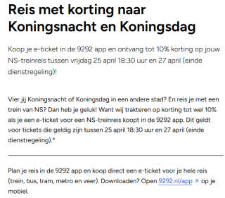 10% korting op NS-treinreis tussen vrijdag 25 april 18:30 uur en 27 april (einde dienstregeling) in de 9292 app