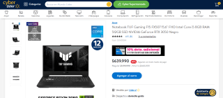 Notebook TUF Gaming F15 FX507 15.6" FHD Intel Core i5 8GB RAM 512GB SSD NVIDIA GeForce RTX 3050 Negro por $639.990