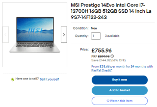 Score MSI Prestige 14 Evo laptops for £642.57 from eBay