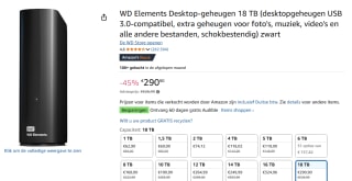 WD Elements Desktop WDBWLG0180HBK - Vaste schijf - 18 TB - extern - USB 3.0 voor €290,90 bij Amazon