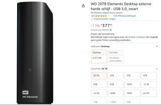 Western Digital WD 8.9cm 20 TB USB3.0 Externe harde schijf voor €377,99 bij Amazon