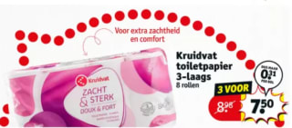 Kruidvat WC-papier 3-laags 3 pakken voor €7,50