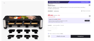 Raclette Mellerware Yummy 1400W de potencia / Función grill y plancha Placas reversibles y extraíbles por 45€ (Cuenta Nueva 35€)