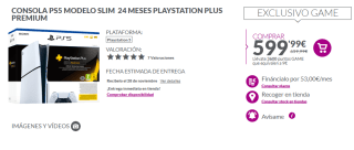 Consola PS5 Modelo Slim + 24 meses PlayStation Plus Premium + 9€ regalo por 599€