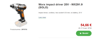 Worx accu slagschroevendraaier WX291.9 20V (zonder accu) voor €54,66 bij Proshop