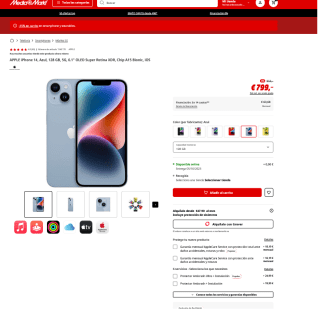 APPLE iPhone 14 Azul 128GB 5G 6.1" OLED Super Retina XDR por solo 799€