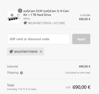 eufyCam S330 (eufyCam 3) 4-Cam Kit + 1 TB Hard Drive voor €690 dmv code bij Eufy