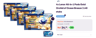 4x Lenor All-in-1 Pods Gold Orchid of Ocean Breeze | 148 stuks voor €34, 95 bij Ibood