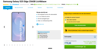 Samsung Galaxy S25 Edge, 256GB opslag Blauw voor €779 bij belsimpel