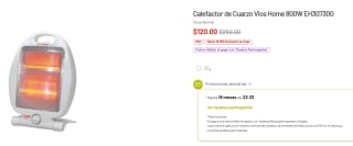 Calefactor de Cuarzo Vios Home 800W por $120 | Soriana