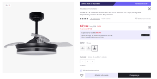 Ventilador Aspas Deplegables Akunadecor Led regulable con memoria y temporizadorpor 67.99€ (Cuenta Nueva 55.99€)