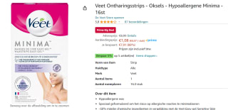 Prijsfout!Veet Minima Waxstrips Oksels 16 stuks voor €1,08 bij AMazon