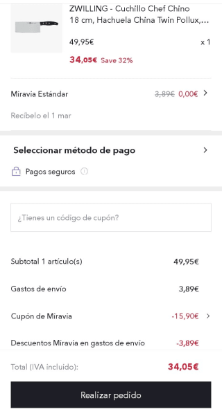 Zwilling Cuchillo Chef Chino 18cm por 34,05€.