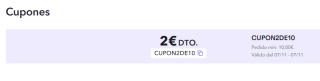 Cupón 2€ descuento en pedidos superiores a 10€