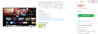 SAMSUNG 55Q60D - 55" (140 cm) - 4K UHD 3840x2160 - HDR - Smart TV - Gaming Hub à 681,61€