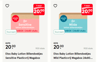Etos Baby Lotion Billendoekjes Mild of Sensitive Plasticvrij Megabox 24x80 stuks voor €20