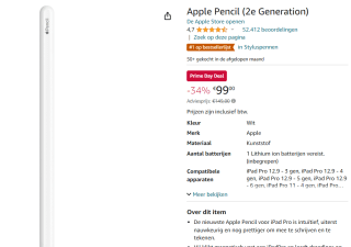APPLE Pencil (2nd Generation) 2018 voor €99 met Amazon Prime