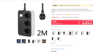 Enchufe con 3 tomas y 3 tomas USB cable 2m por 6,90€
