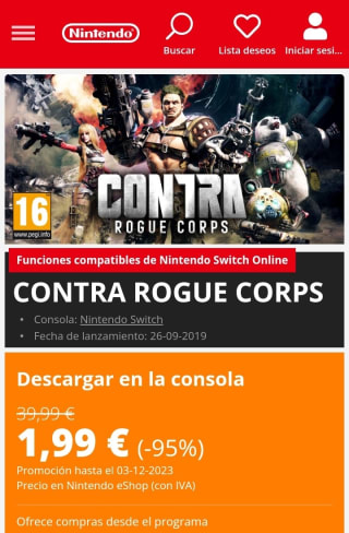 CONTRA ROGUE CORPS Nintendo Switch por 1,99€.