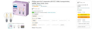 Philips pack de 2 ampoules LED E27, 60W, transparentes à 6,99€