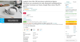 Marca Logitech Zone Vibe 100 Auriculares inalámbricos, por solo 67,92