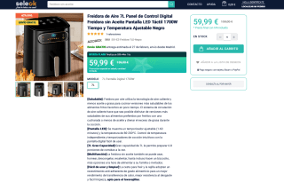 Freidora de Aire 7L sin Aceite Pantalla LED Digital Táctil 1700W por 54,99€