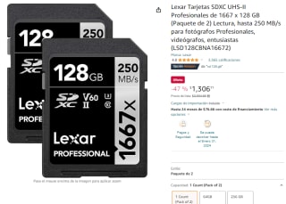 2 Tarjetas SD Lexar UHS-II Profesionales de 128GB por $1,307 en Amazon