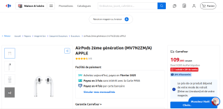 Écouteurs sans fil Apple AirPods 2 (MV7N2ZM/A) avec boitier de charge filaire à 109€