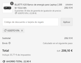10% de descuento en la compra de la BLUETTI X20 Banco de energía para Laptop por 206,10€