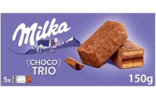 Milka Choco Trio Bizcocho de Cacao y Cubierto con Chocolate con Leche de los Alpes 150g por 1,58€.