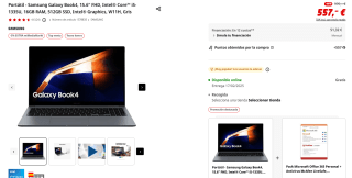 Portátil Samsung Galaxy Book4, 15.6" FHD, Intel Core i5-1335U, 16GB RAM, 512GB SSD, Intel Graphics, W11H por 529,15€