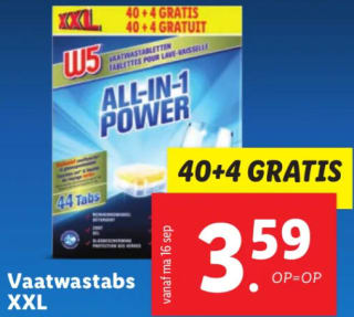 W5 All-in-1 vaatwastabletten XXL- 44 stuks voor €3,59 bij de Lidl