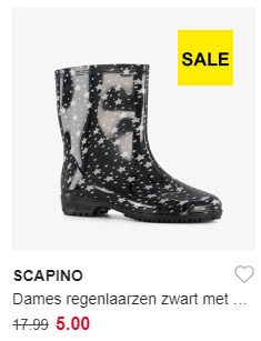 72% korting op geselecteerde dames regenlaarzen bij Scapino