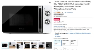 Taurus Fastwave 20 Grill Horno microondas, 20L, 700W, Grill 800W, 9 potencias por 51€