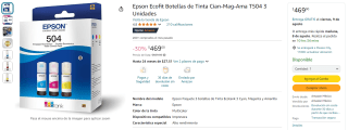 Epson Tinta 504 (3 colores) por $469 en Amazon
