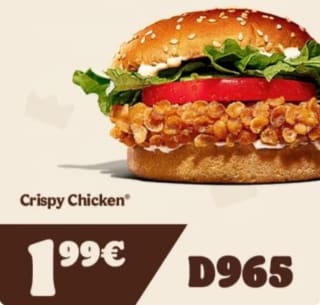 Cupón Doble Cheese Burger o Crispie Chicken a 1,99 € en Burger King