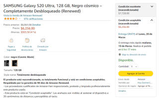 Samsung Galaxy S20 Ultra 128 GB Renovado a $6,655.20 en Amazon