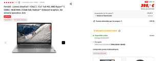 Portátil Lenovo IdeaPad 1 15ALC7, AMD Ryzen 5 5500U, 16GB RAM, 512GB SSD, Radeon Onboard Graphics por 379€