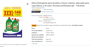 Detergente Elena para lavadora 148 dosis por 15.03€