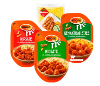 Mora Saté Alle bakjes à 160 gram of Hebro Saté voor €1 bij de Plus